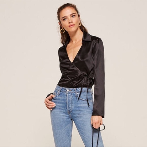 Reformation Silk Smith Top Long Sleeve Shirt V Neck Wrap Blouse in Black - Picture 1 of 12